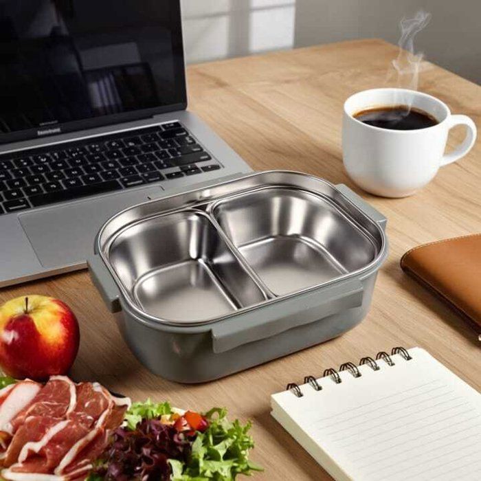 Lunch box à deux compartiments sur inox avec cuillère – Idéal école &amp; travail HAVE NICE DAY ,