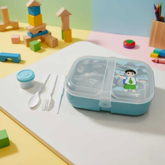 Image de Lunch box à deux compartiments sur inox -couverts en plastique alimentaire-boite à sauce