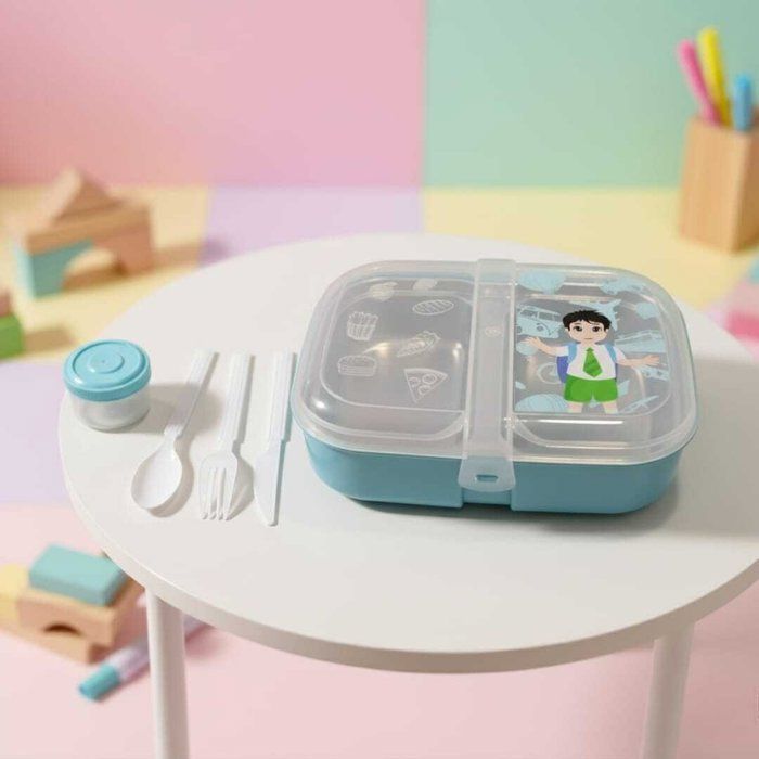 Image de Lunch box à deux compartiments sur inox -couverts en plastique alimentaire-boite à sauce