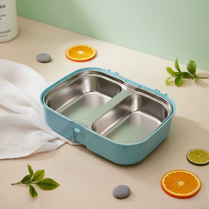 Image de Lunch box à deux compartiments sur inox -couverts en plastique alimentaire-boite à sauce