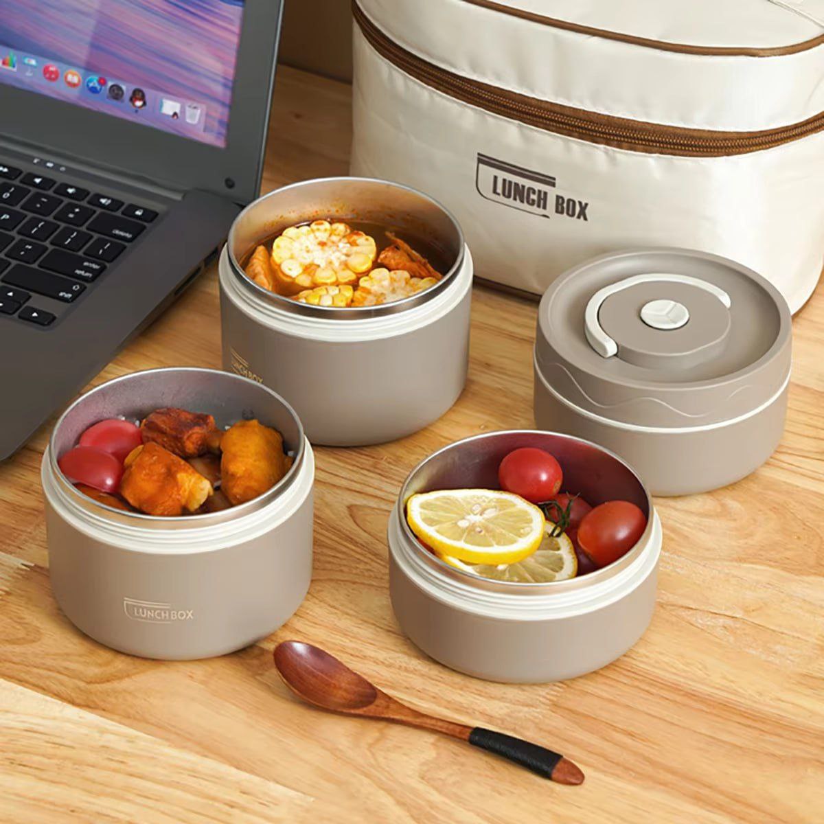 Image de Lunch Box isotherme portable en acier inoxydable, 4 récipients isothermes pour repas avec sac