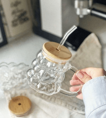 Image de Mug - Verre - 400 Ml - Couvercle en bois - Paille en verre - Résistant aux chocs thermiques - Unbranded