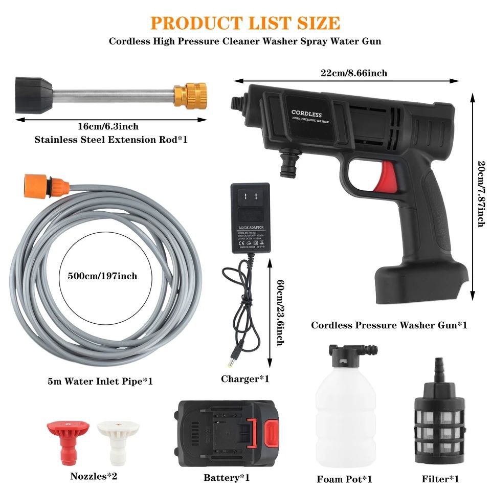 Image de Nettoyeur Haute Pression sans Fil Portable avec 5.2m Tuyau et Accessoires, avec Moteur Haute Puissance et Buse Multifonction 5 en 1 pour Voitures Maison Jardin - Unbranded