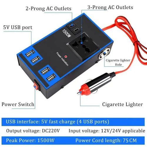 Image de Onduleur de voiture 1500W 12V 24V à 220V ,4 ports avec prise, charge rapide,adaptateur USB - Unbranded