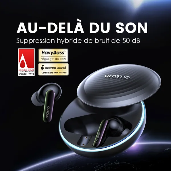 Oraimo SpaceBuds, Écouteurs ANC 50dB, Réduction de Bruit, Commandes Vocales