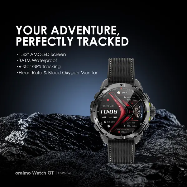 oraimo Watch GT Montre connectée GPS AMOLED 3ATM 1,43" avec deux bracelets interchangeables