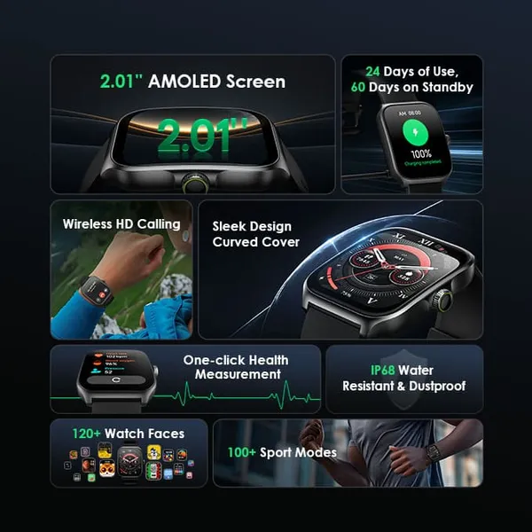 oraimo Watch Nova AM Montre intelligente à écran AMOLED avec couverture incurvée