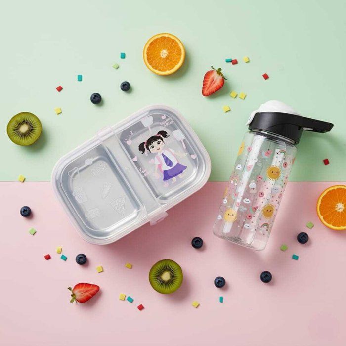 Image de Pack Lunch box +gourde 500ml en plastique alimentaire sans BPA deux compartiments en inox -3 couverts