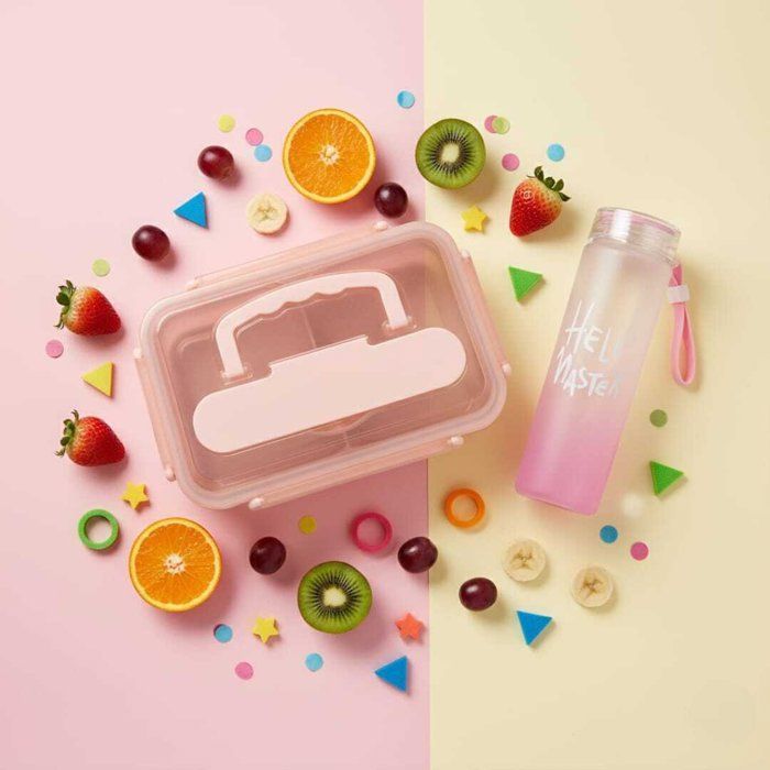 Pack Lunch box +gourde 900ml en plastique alimentaire sans BPA 4 compartiments en inox -couvert en inox