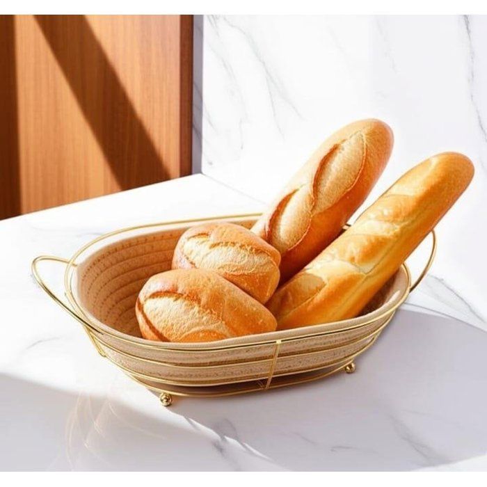 Image de Panier à pain doré avec doublure en tissu – Panier en métal ovale pour pain - Unbranded