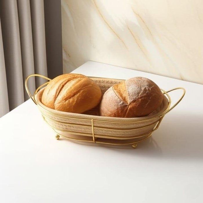 Image de Panier à pain doré avec doublure en tissu – Panier en métal ovale pour pain - Unbranded
