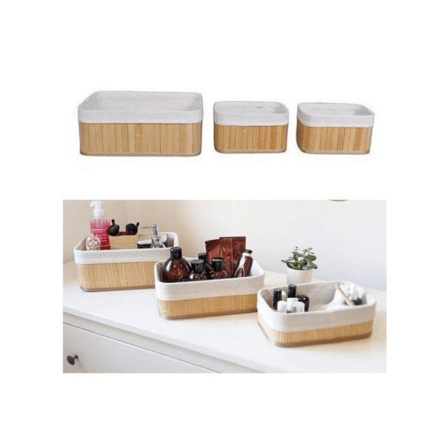 Image de Paniers de rangement - Compactor - Lot de 3 - Bambou naturel - Doublure en tissu - Rectangulaires - Unbranded