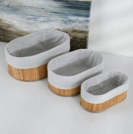 Image de Paniers de rangement - Compactor - Lot de 3 - Bambou naturel - Doublure en tissu - Rectangulaires - Unbranded