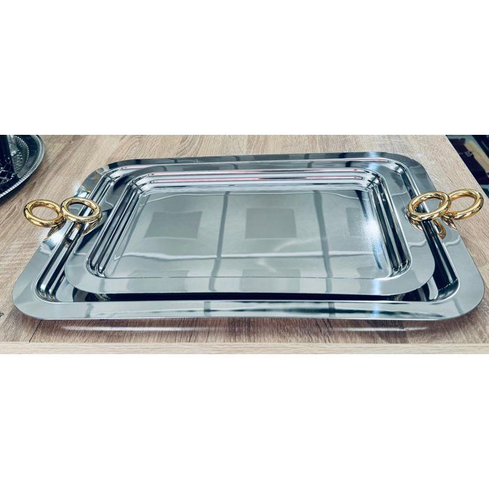 Image de PLATEAU EN INOX SEDEN EN INOX ANSES DOREES MM 18 CARATS COULEUR ARGENTE 39CM/28CM - Unbranded