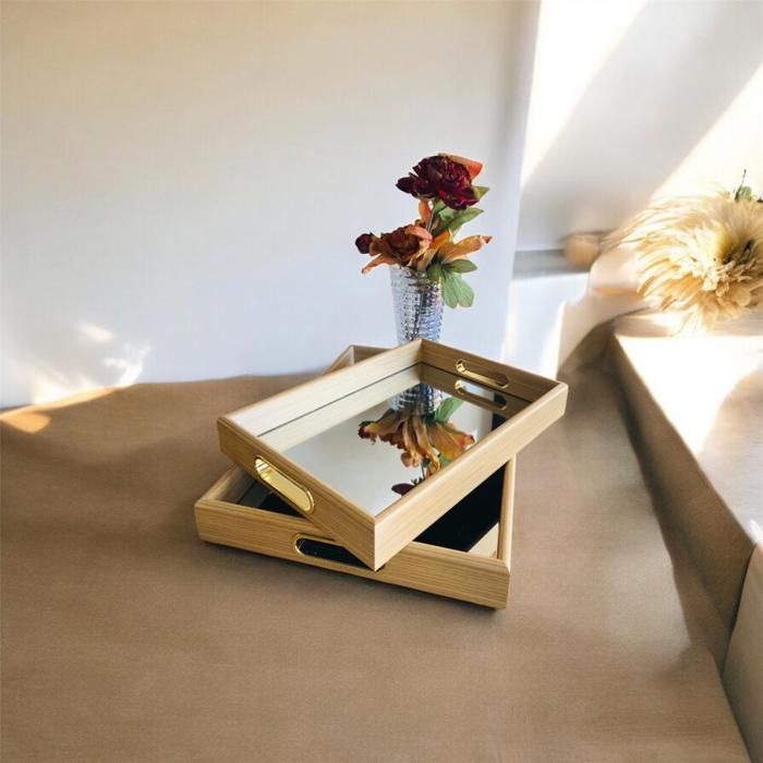 Image de Plateaux en bambou - Ensemble 2 plateaux - Détails dorés - Rectangulaires - Pratiques - Unbranded