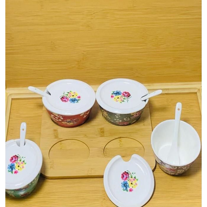 Image de Presentoir 5 pieces avec 4 pots en porcelaines couleur avec ceuillere de service avec couvercle - Unbranded