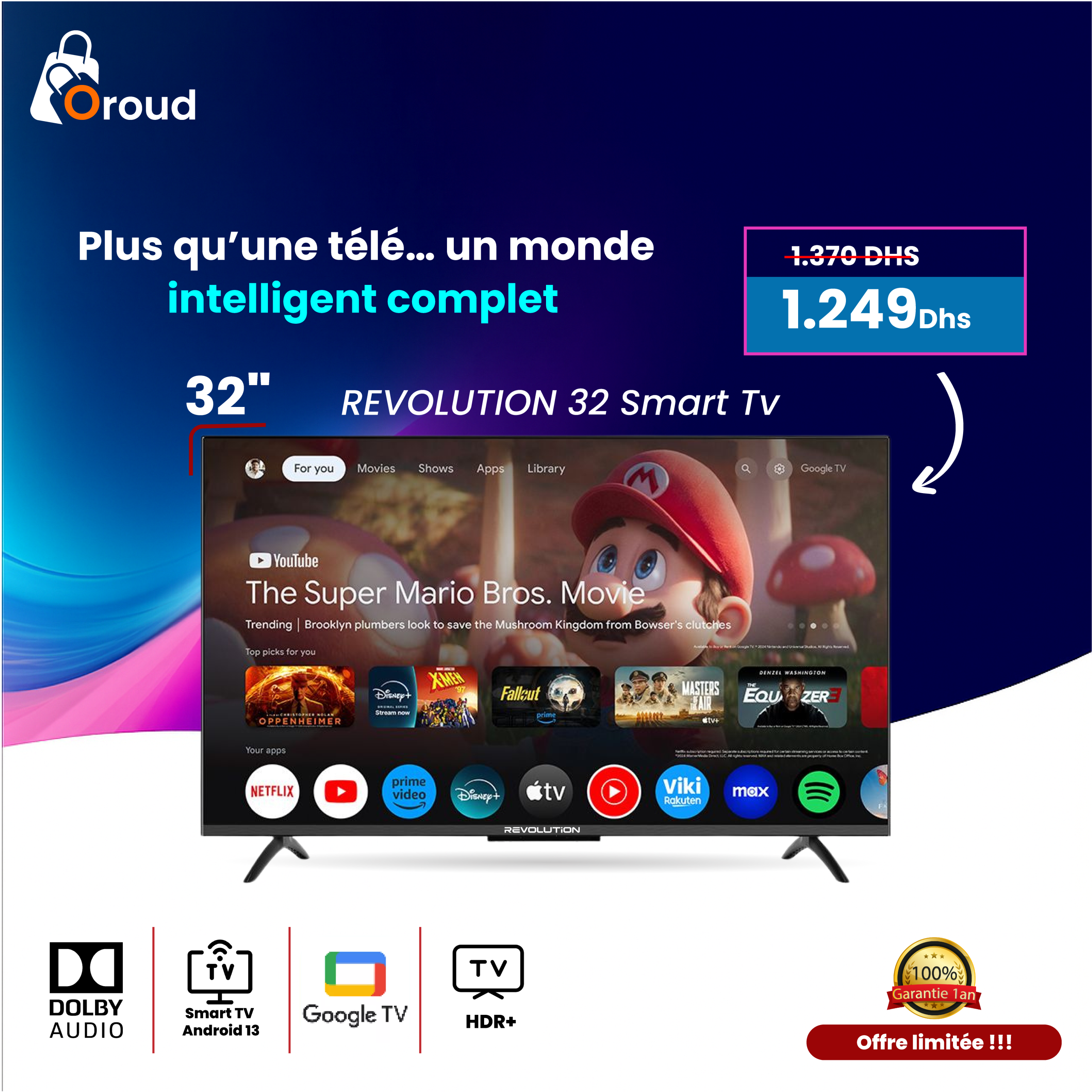 Image de REVOLUTION 43 Smart Tv  Full HD Google Tv, ANDROID Officiel Wi-Fi & Bluetooth, 4 ans d'abonnement gratuit