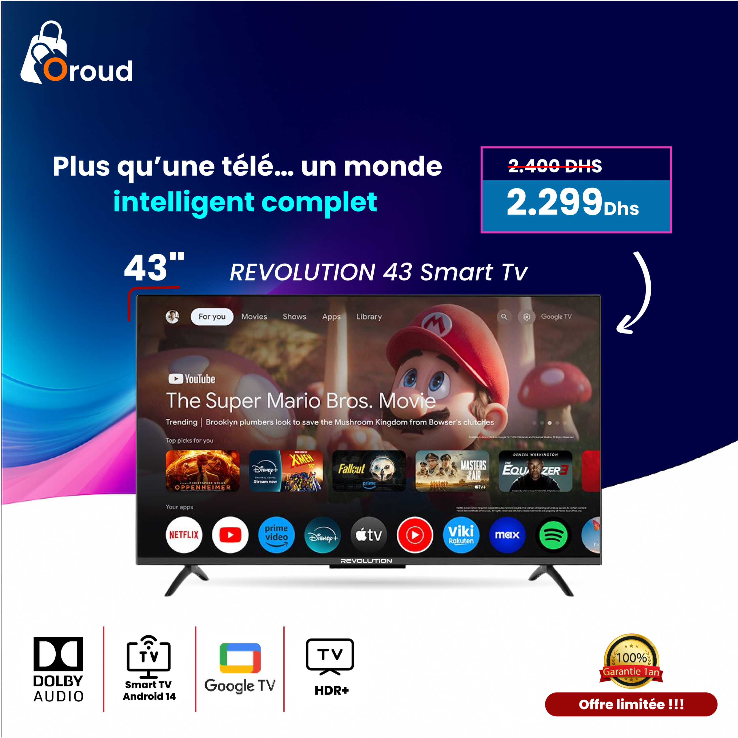 Image de REVOLUTION 43 Smart Tv  Full HD Google Tv, ANDROID Officiel Wi-Fi & Bluetooth, 4 ans d'abonnement gratuit