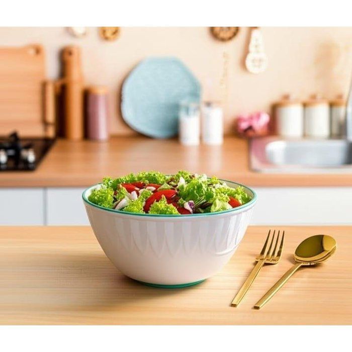 Image de Saladier design en céramique blanche avec bord vert – Élégance moderne pour cuisine raffinée - Unbranded