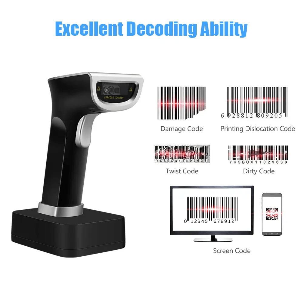 Scanner codes-barres1D/ 2D sans fil avec base