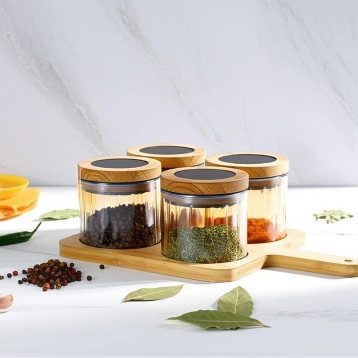 Image de Set de 4 boîtes en verre ambré avec couvercles en bois et plateau assorti - Unbranded