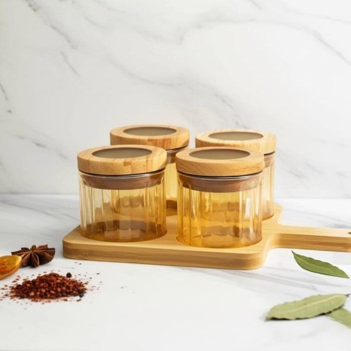 Image de Set de 4 boîtes en verre ambré avec couvercles en bois et plateau assorti - Unbranded
