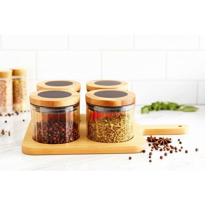 Image de Set de 4 boîtes en verre ambré avec couvercles en bois et plateau assorti - Unbranded