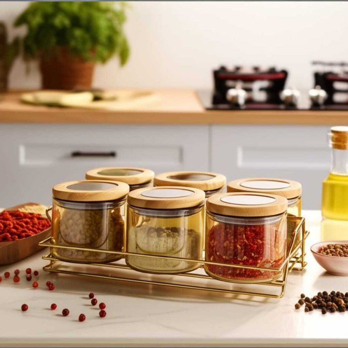 Image de Set de 6 bocaux en verre ambré avec couvercles en bois + support doré - Unbranded