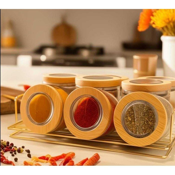 Image de Set de 6 bocaux en verre ambré avec couvercles en bois + support doré - Unbranded