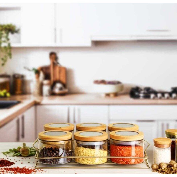 Image de Set de 6 bocaux en verre ambré avec couvercles en bois + support doré - Unbranded