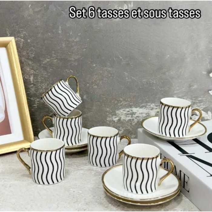Image de Set de 6 tasses à café - MARQUE - Porcelaine fine - Détails noirs - Motifs aléatoires - Accessoires de cuisine - Unbranded