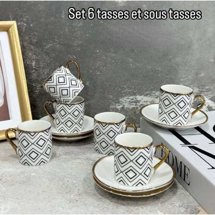 Image de Set de 6 tasses à café - MARQUE - Porcelaine fine - Détails noirs - Motifs aléatoires - Accessoires de cuisine - Unbranded