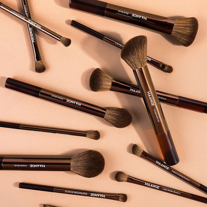 Image de Set de pinceaux de maquillage - Maange - 13 pièces - Marron foncé - Comprend 2 éponges - Sac inclus - Unbranded