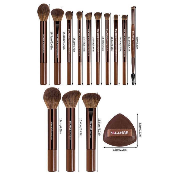 Image de Set de pinceaux de maquillage - Maange - 13 pièces - Marron foncé - Comprend 2 éponges - Sac inclus - Unbranded