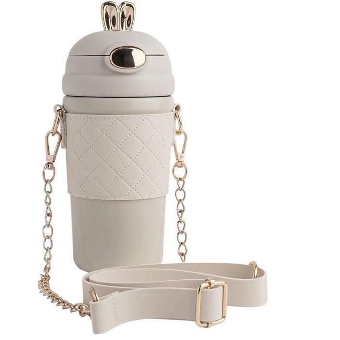 Tasse thermos en acier inoxydable avec paille rebondisnoyaux, tasse en forme de lapin mignon, Couleur beige 400ml