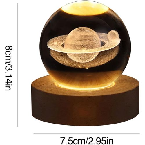 Image de Veilleuse en cristal 3D – Planète Saturne illuminée avec socle en bois, déco astronomie - Unbranded