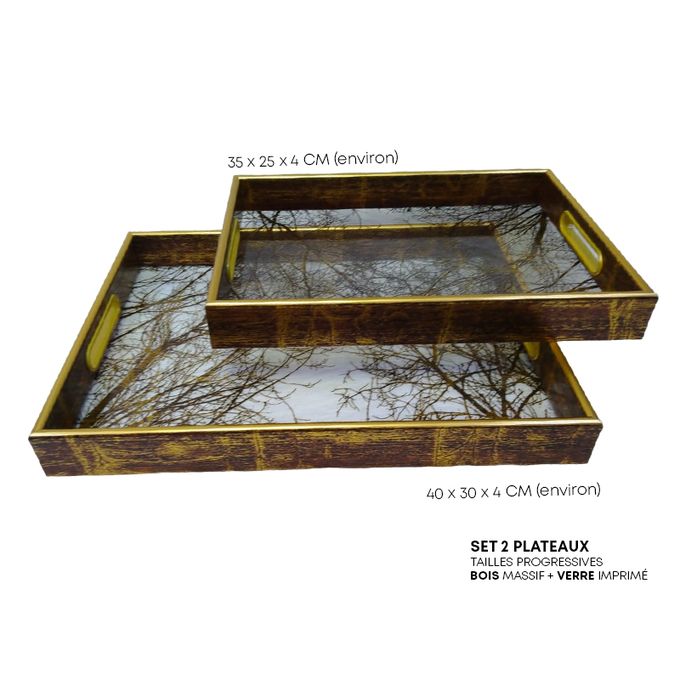 Image de 2 Plateaux de Service en Bois et Verre Imprimé, Élégance Praticité Deco Design Table Basse Bureau - Unbranded