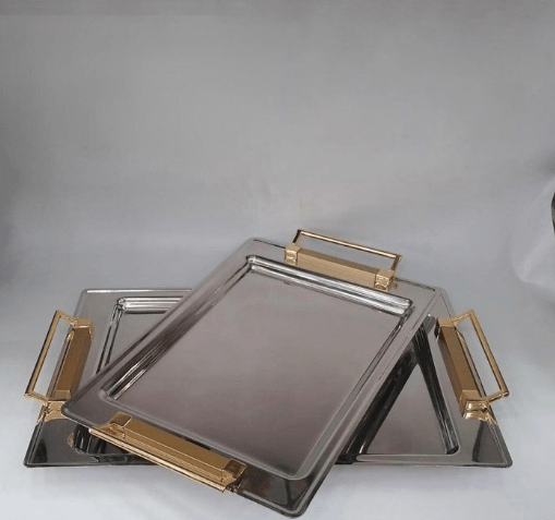 Image de 2 SET DE PLATEAUX ARGENTE ET POIGNEE DORE RECTANGULAIRES 48/31,5CM PM 41,5/28CM - Unbranded