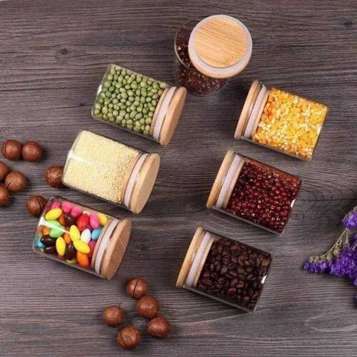 Image de 4 bocaux de stockage -pour épices - 350ml - Verre résistant - Couvercles en bambou - Cuillères en bois - Unbranded