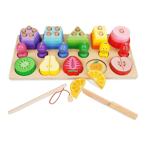 Agirlgle Jouets Montessori 3 en 1 en bois, jouets de tri et d'empilage, jeu de découpe de nourriture, jeu de pêche, trieur de formes de couleurs, puzzle éducatif, jouet d'apprentissage, motricité fine, blocs empilables géométriques