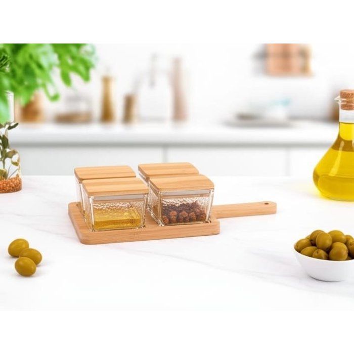 Image de Boîte de 4 bocaux en verre avec couvercles transparents en bois et plateau planche