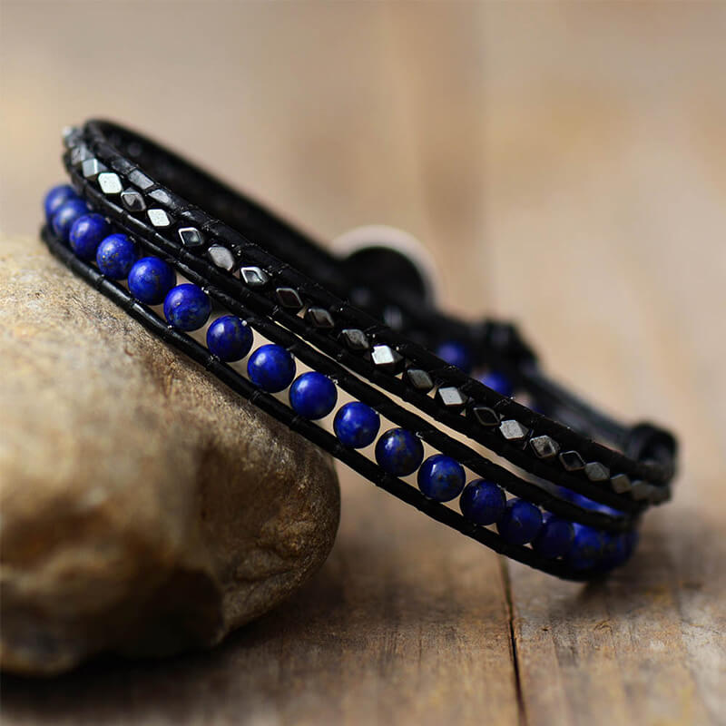 Image de Bracelet Cuir Enroulé 2 Brins en Lapis-lazuli - Unbranded