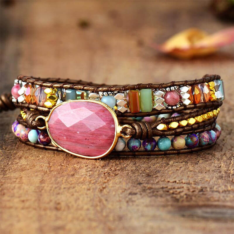 Image de Bracelet Cuir Enroulé 3 Brins en Rhodonite et Jaspe - Unbranded