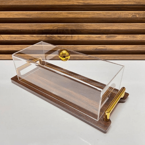 Image de CLOCHE A GATEAU EN BOIS AVEC DÉTAIL DORÉ INOXYDABLE ET COUVERCLE EN PLEXIGLAS 30cm/10cm - Unbranded