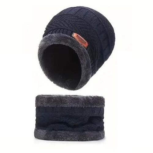 Image de Ensemble de bonnet d'hiver unisexe avec écharpe tricotée - Style casual, doublure intérieure épaisse - Unbranded