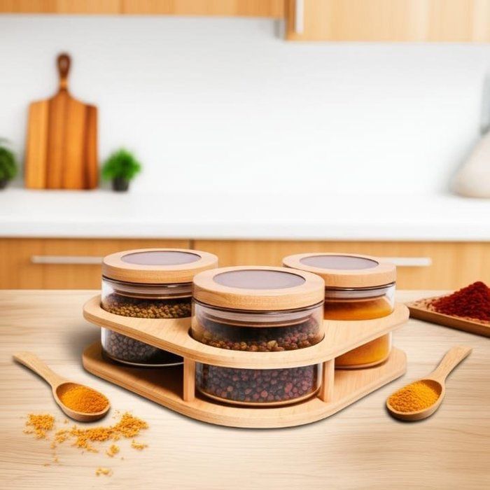 Image de Ensemble élégant de 3 bocaux en verre avec couvercles en bois et support incliné en bois - Unbranded