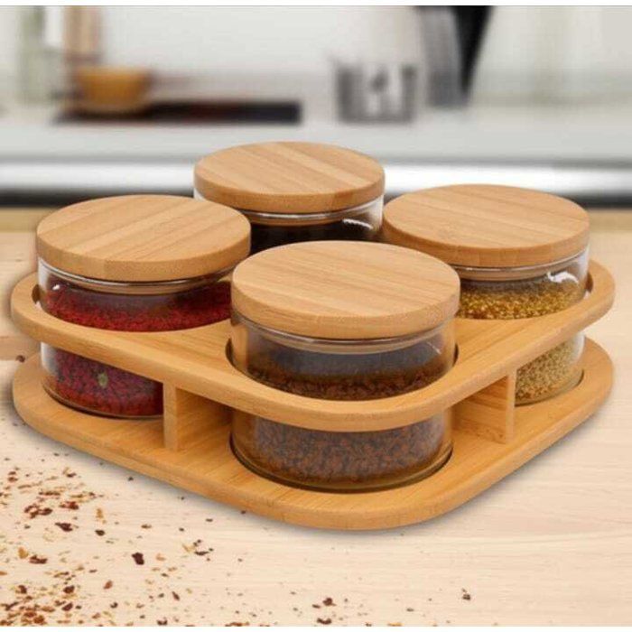 Image de Ensemble élégant de 4 bocaux en verre avec couvercles en bois et support incliné en bois - Unbranded