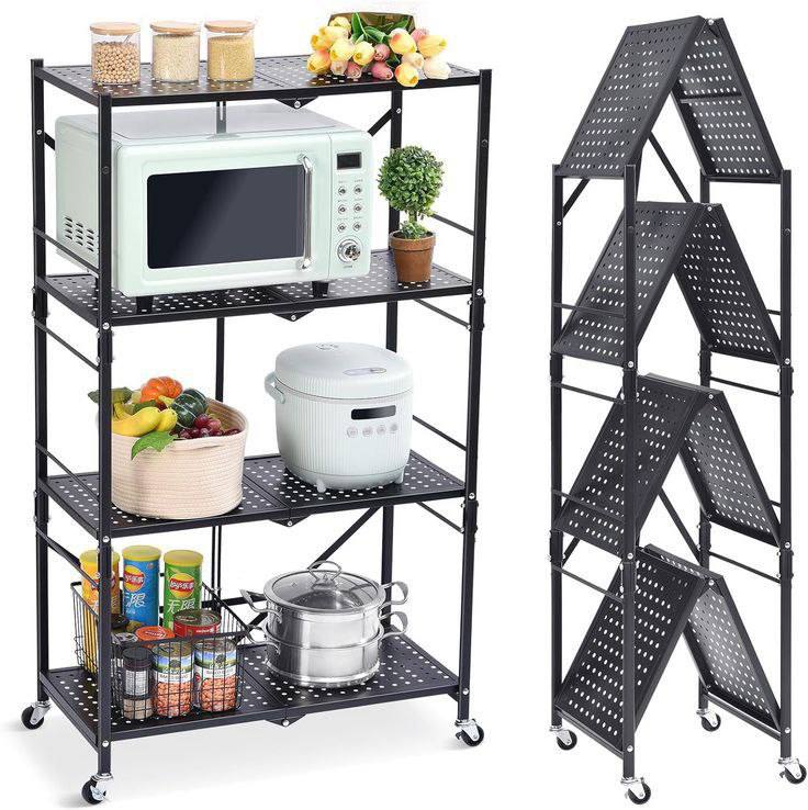 Image de Étagères de rangement à 4 niveaux pliables, capacité de charge de 50 kg, pour cuisine, garage, bureau, entrepôt, atelier, à la maison, étagère non amovible - Couleur noire - Unbranded