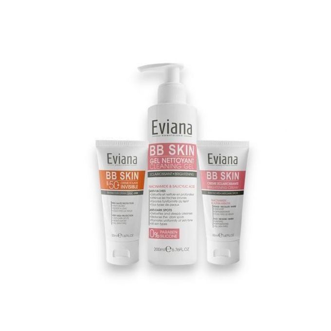 Image de EVIANA Pack anti-taches brunes-écran solaire50ml SPF 50+-crème hydratante 50ml-gel nettoyant 200ml - Unbranded