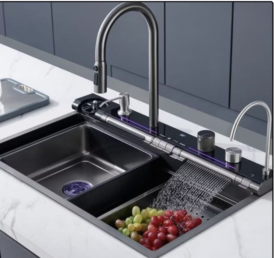 Image de Évier de cuisine moderne en acier inoxydable gris avec accessoires - Unbranded